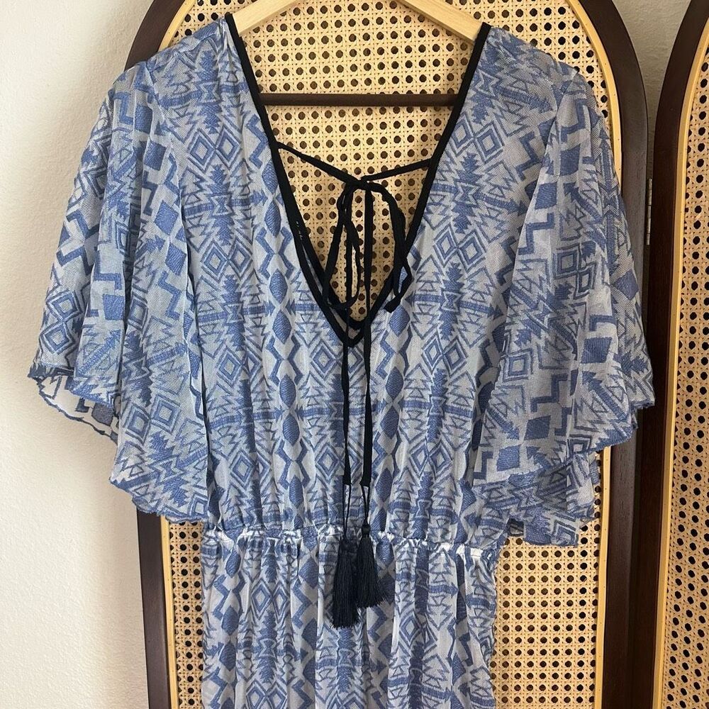 Nidodileda Sheer Jacquard Geometric Print Blue Maxi Dress Sz L Greece Made - Picture 5 of 12